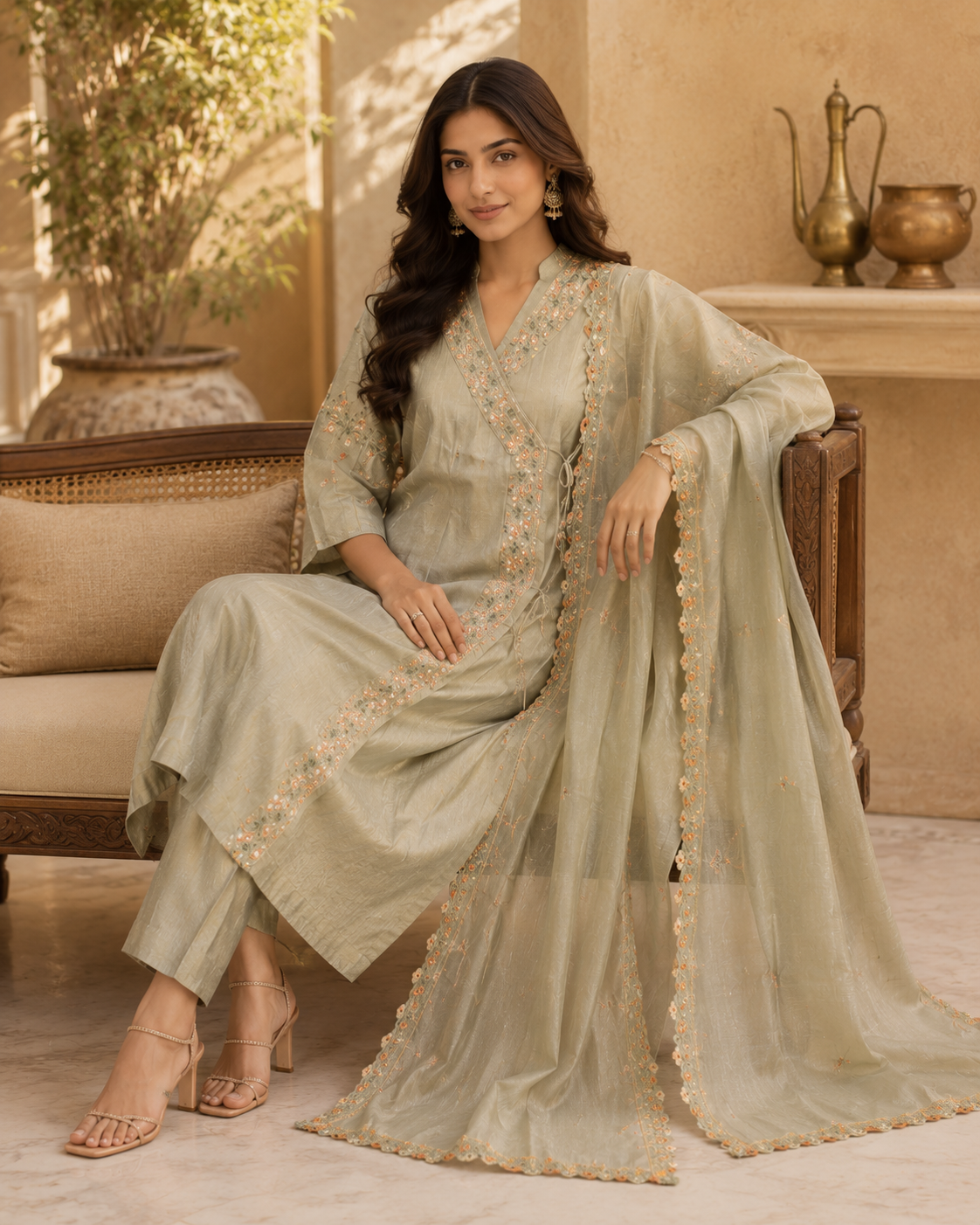 Warm beige Embroidered Kurti Set with Dupatta