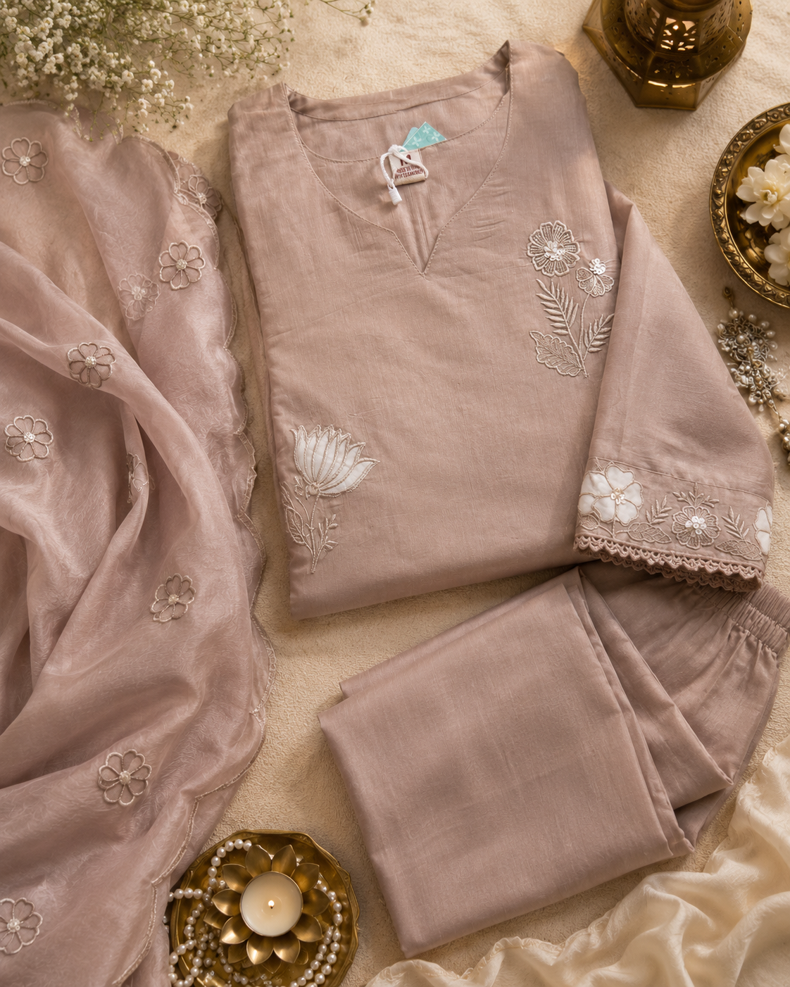 Soft Beige Floral Butti Embroidered Kurti Set