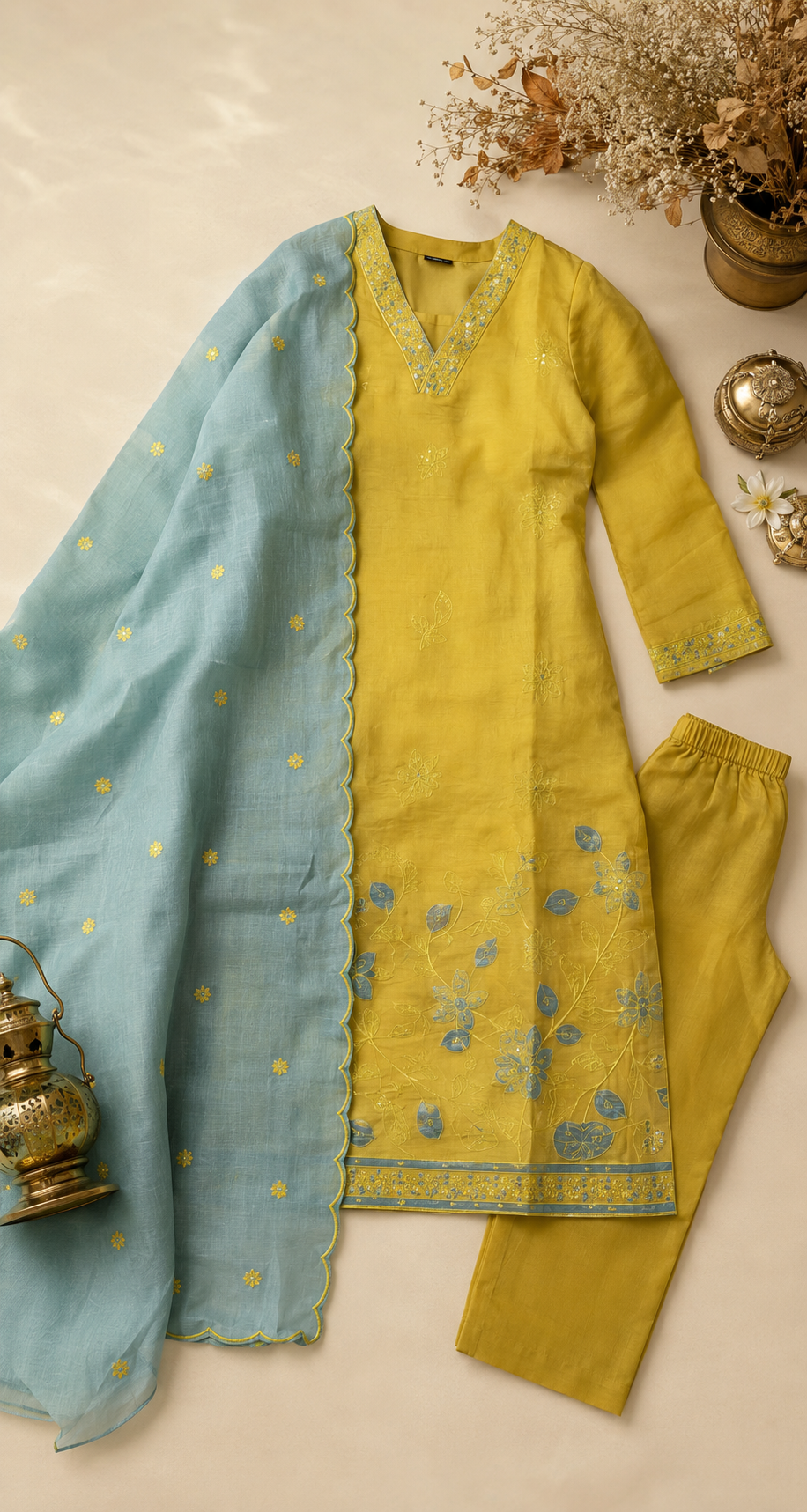 Mustard Yellow Embroidered Kurti Set with Powder Blue Dupatta
