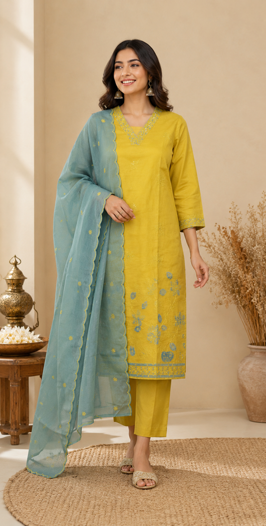 Mustard Yellow Embroidered Kurti Set with Powder Blue Dupatta