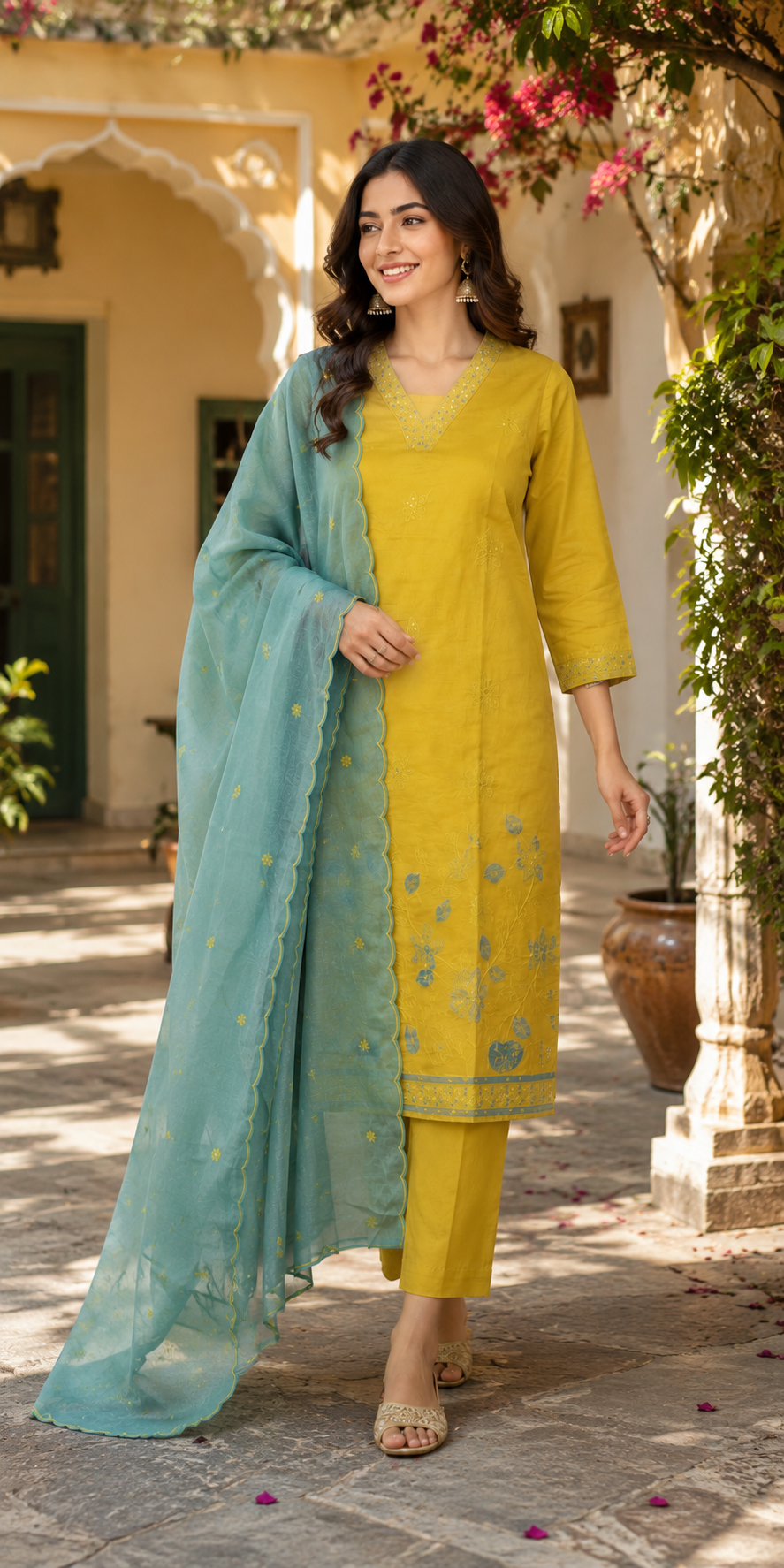 Mustard Yellow Embroidered Kurti Set with Powder Blue Dupatta