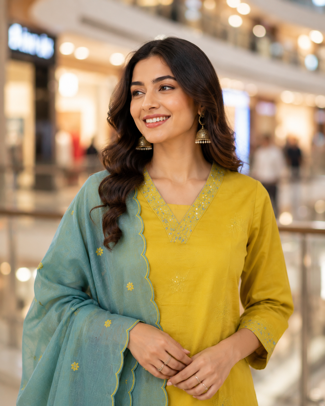 Mustard Yellow Embroidered Kurti Set with Powder Blue Dupatta