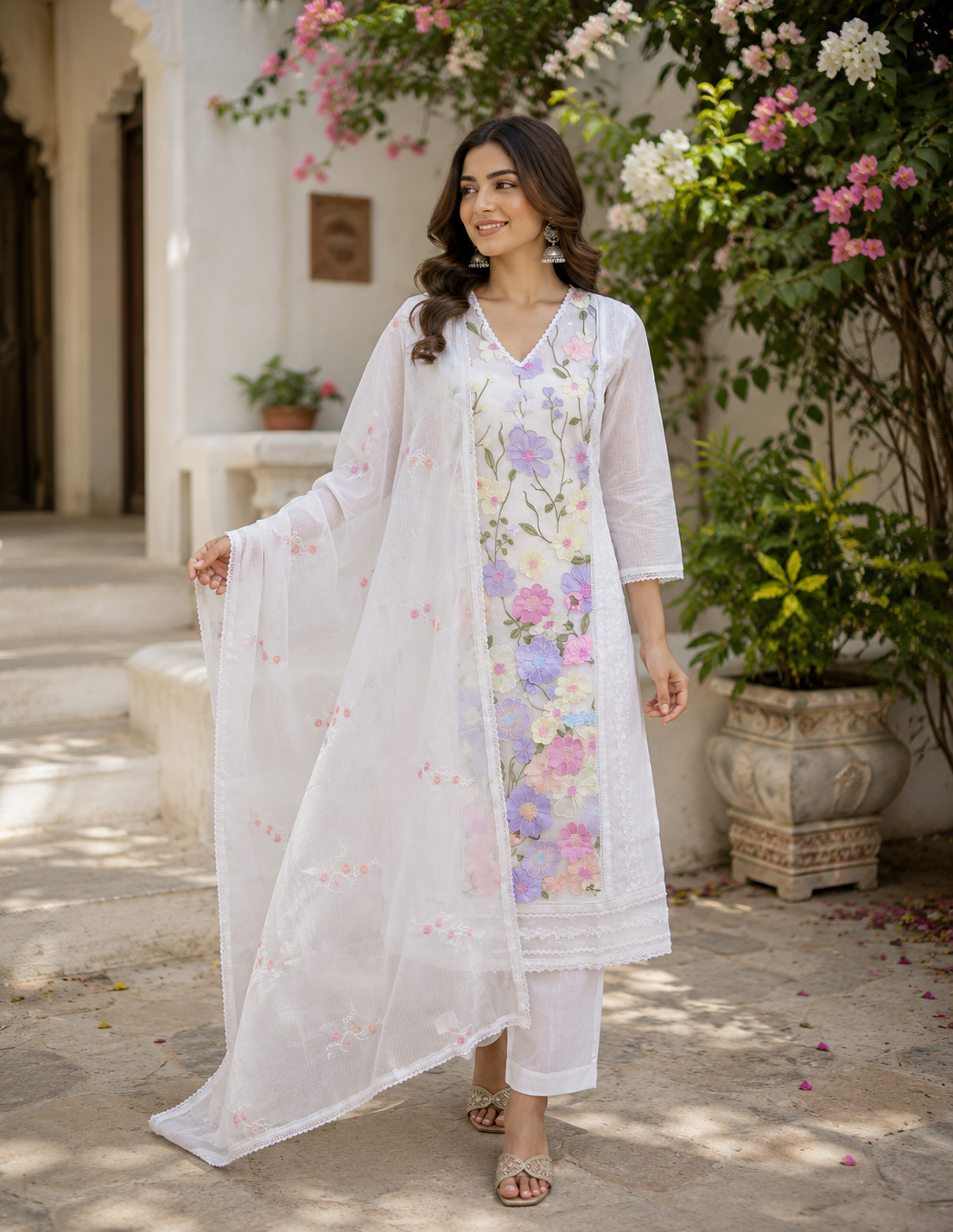 White Floral Printed Kurti Set with Dupatta