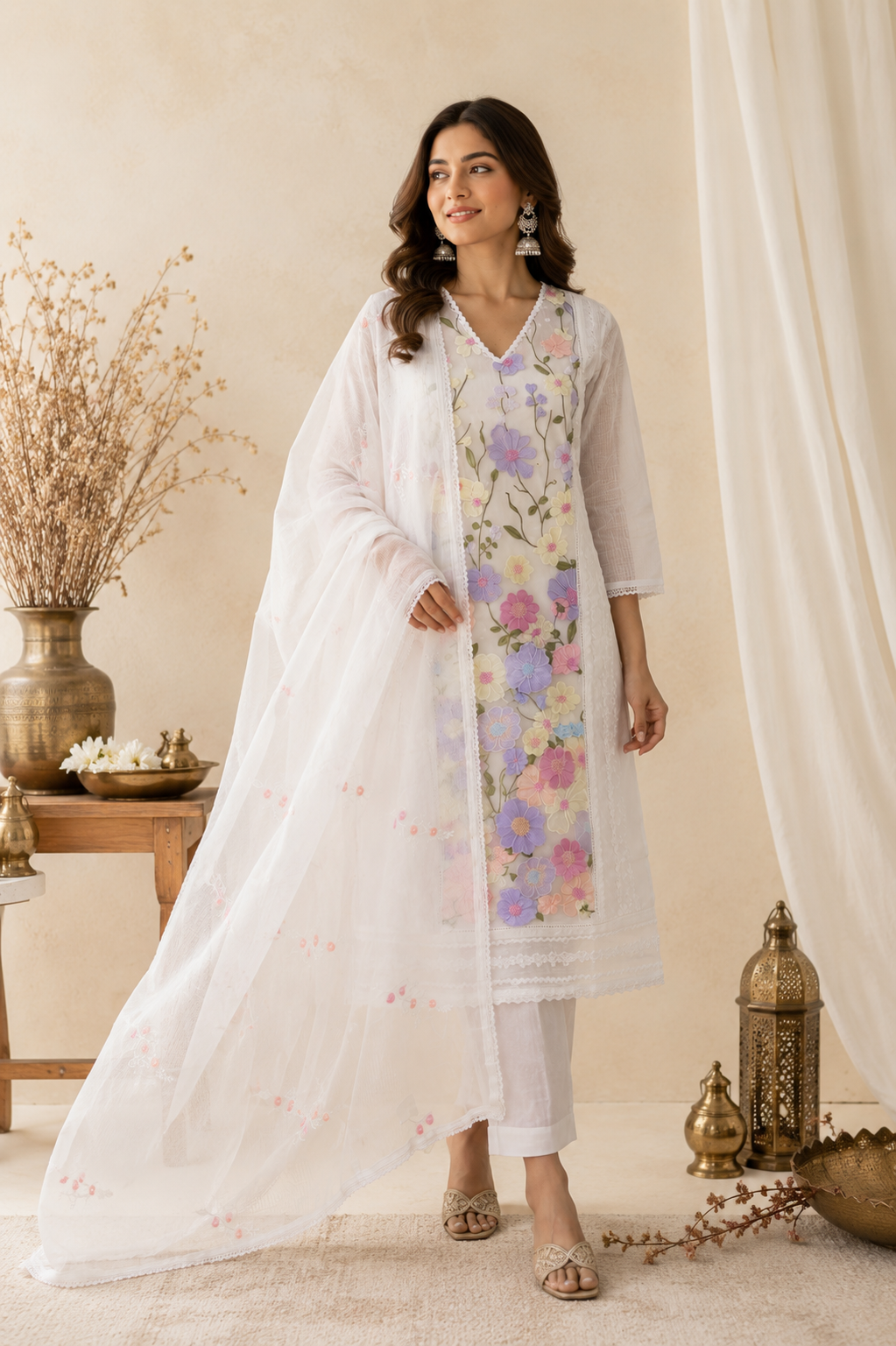 White Floral Printed Kurti Set with Dupatta