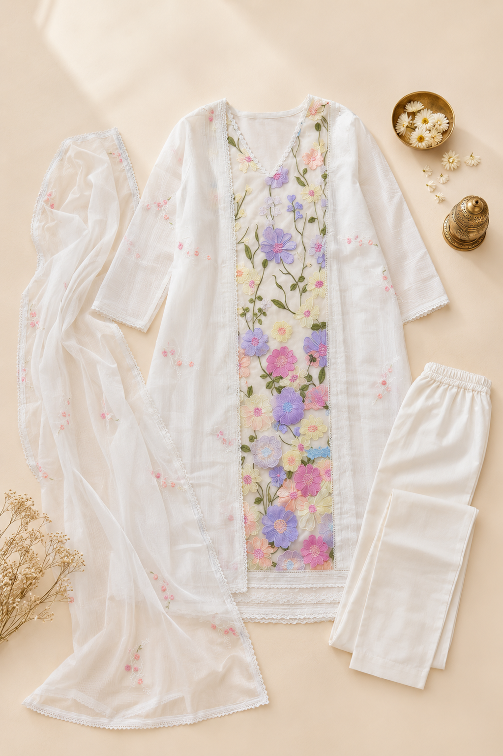 White Floral Printed Kurti Set with Dupatta