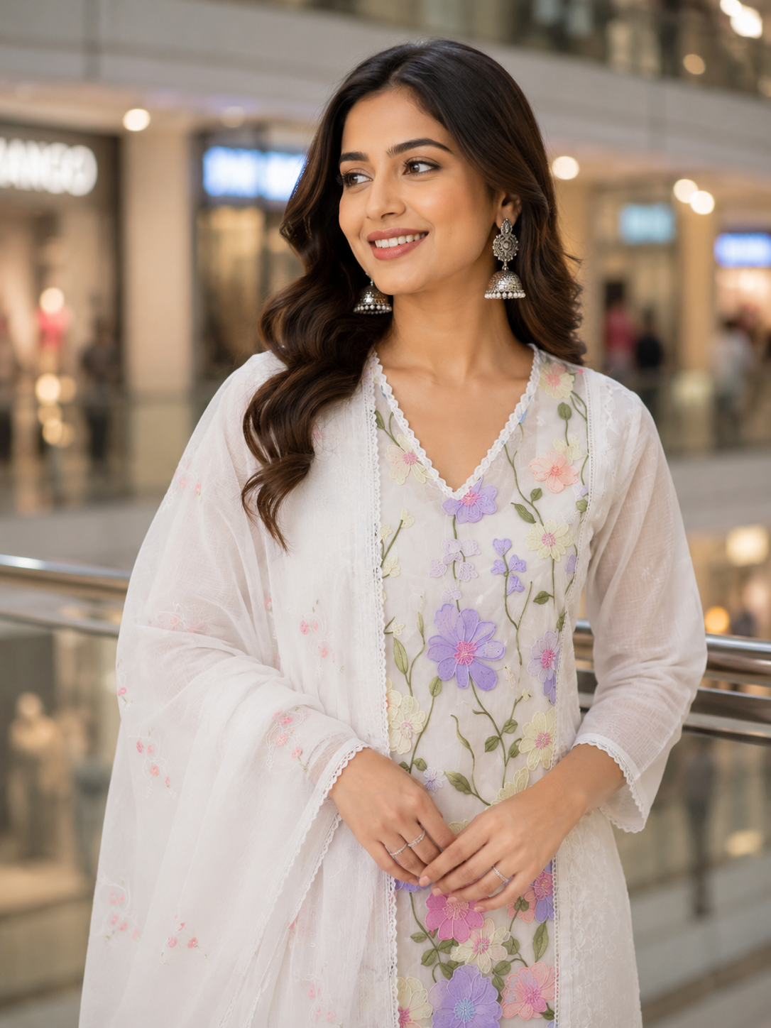 White Floral Printed Kurti Set with Dupatta