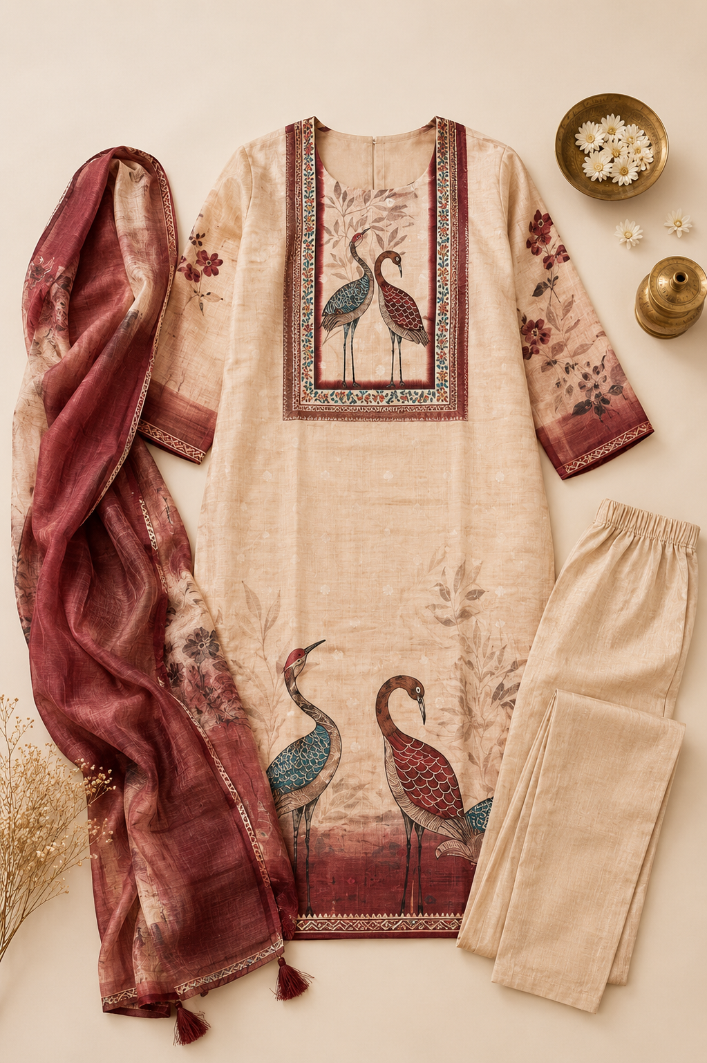 Crane Print Kurti Set