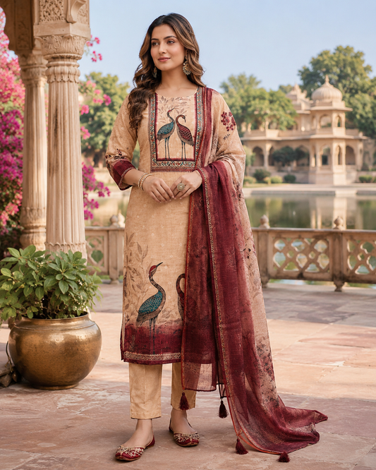 Crane Print Kurti Set