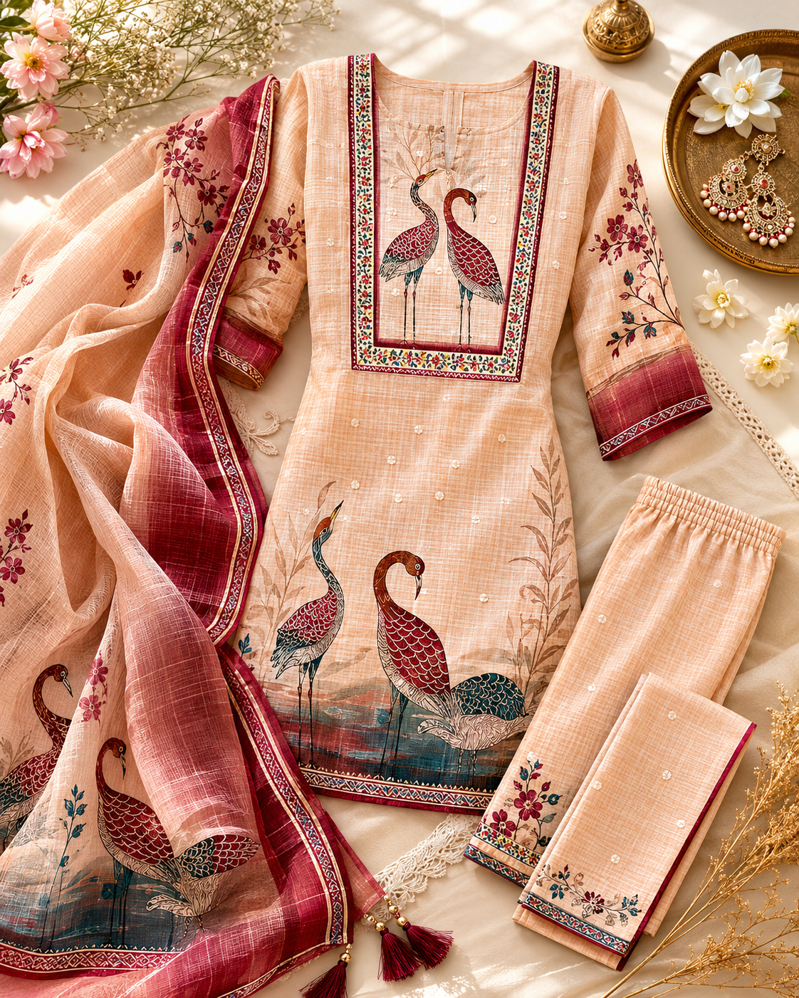 Crane Print Kurti Set