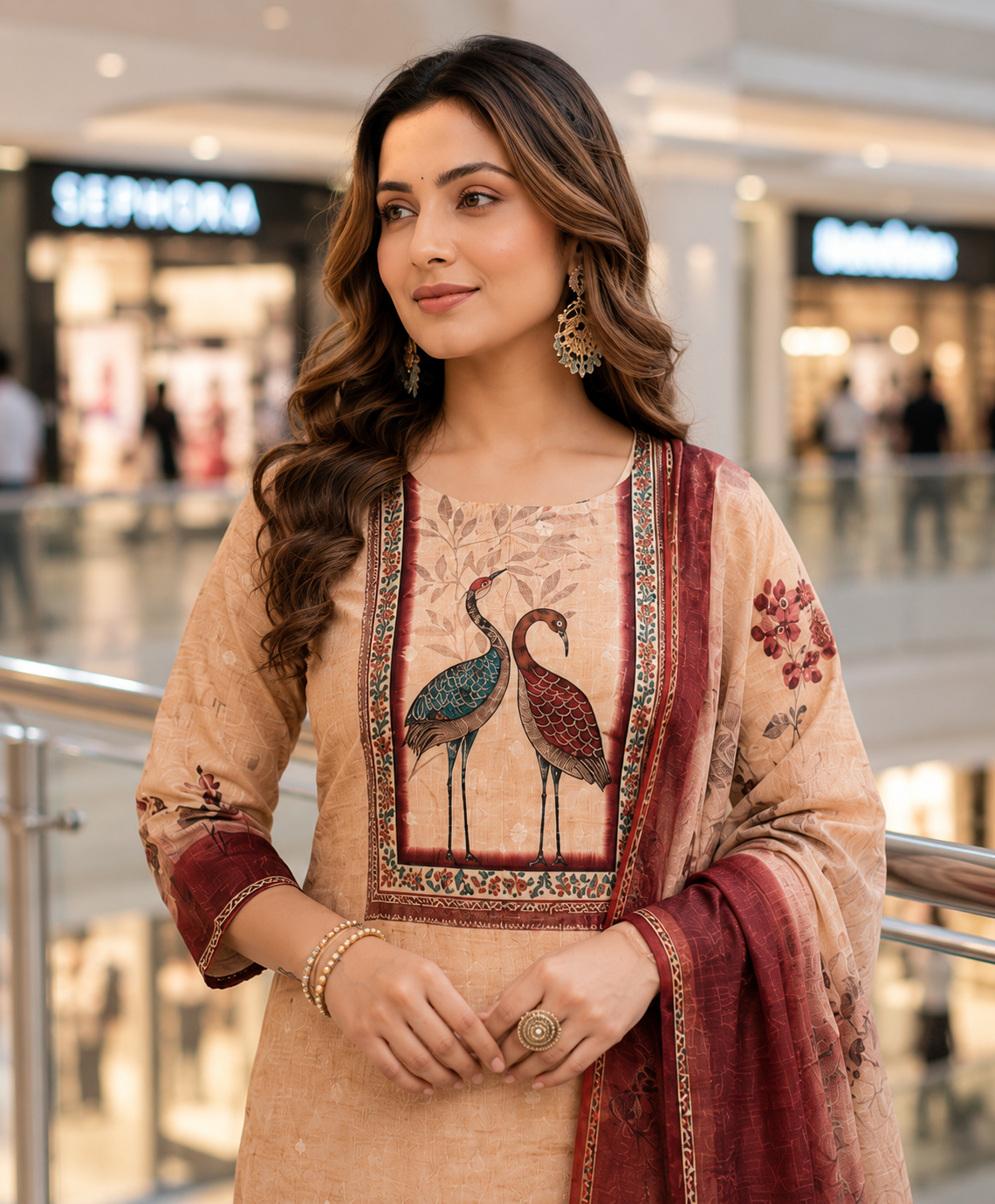 Crane Print Kurti Set