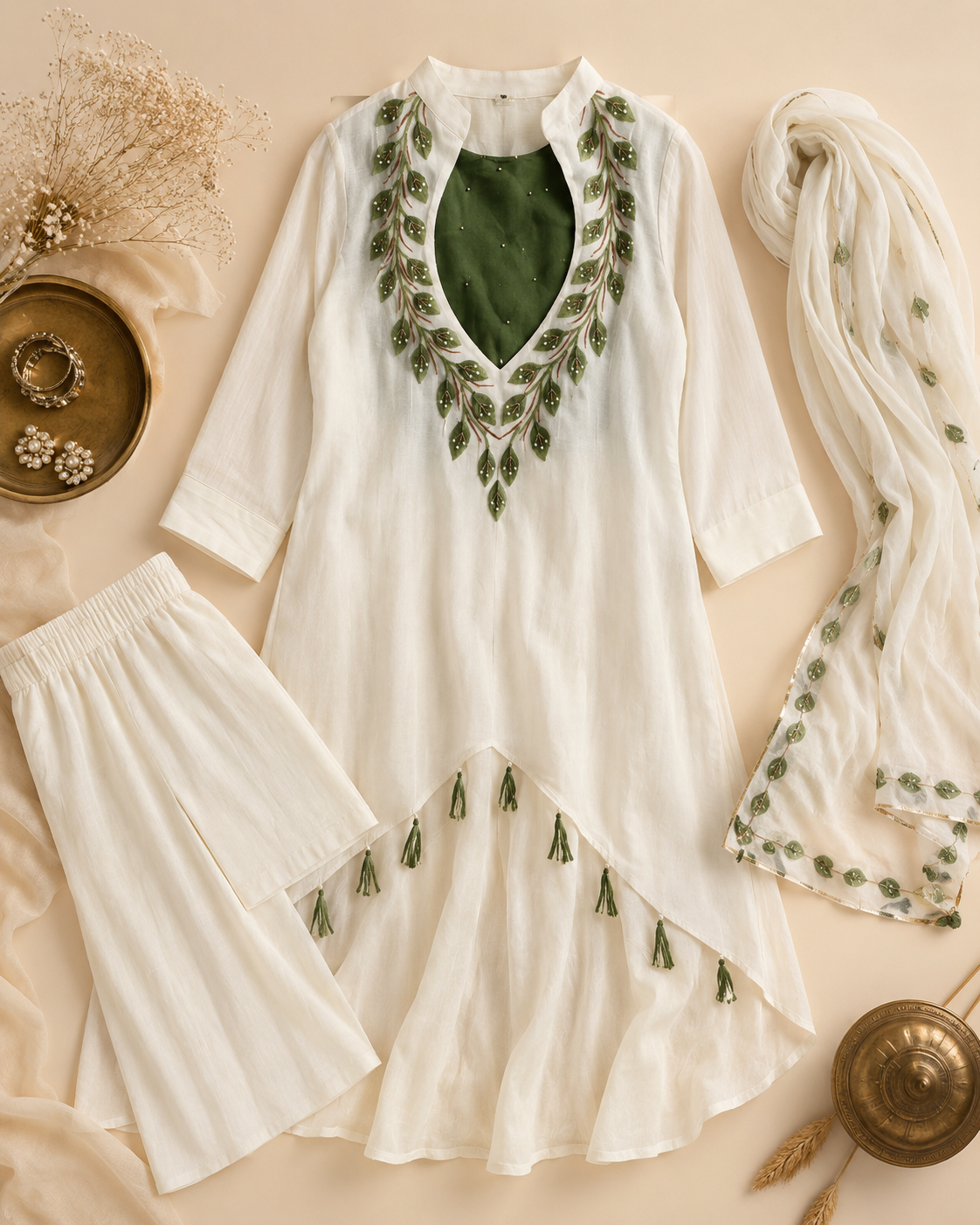 Ivory Leaf Embroidery Palazzo Set