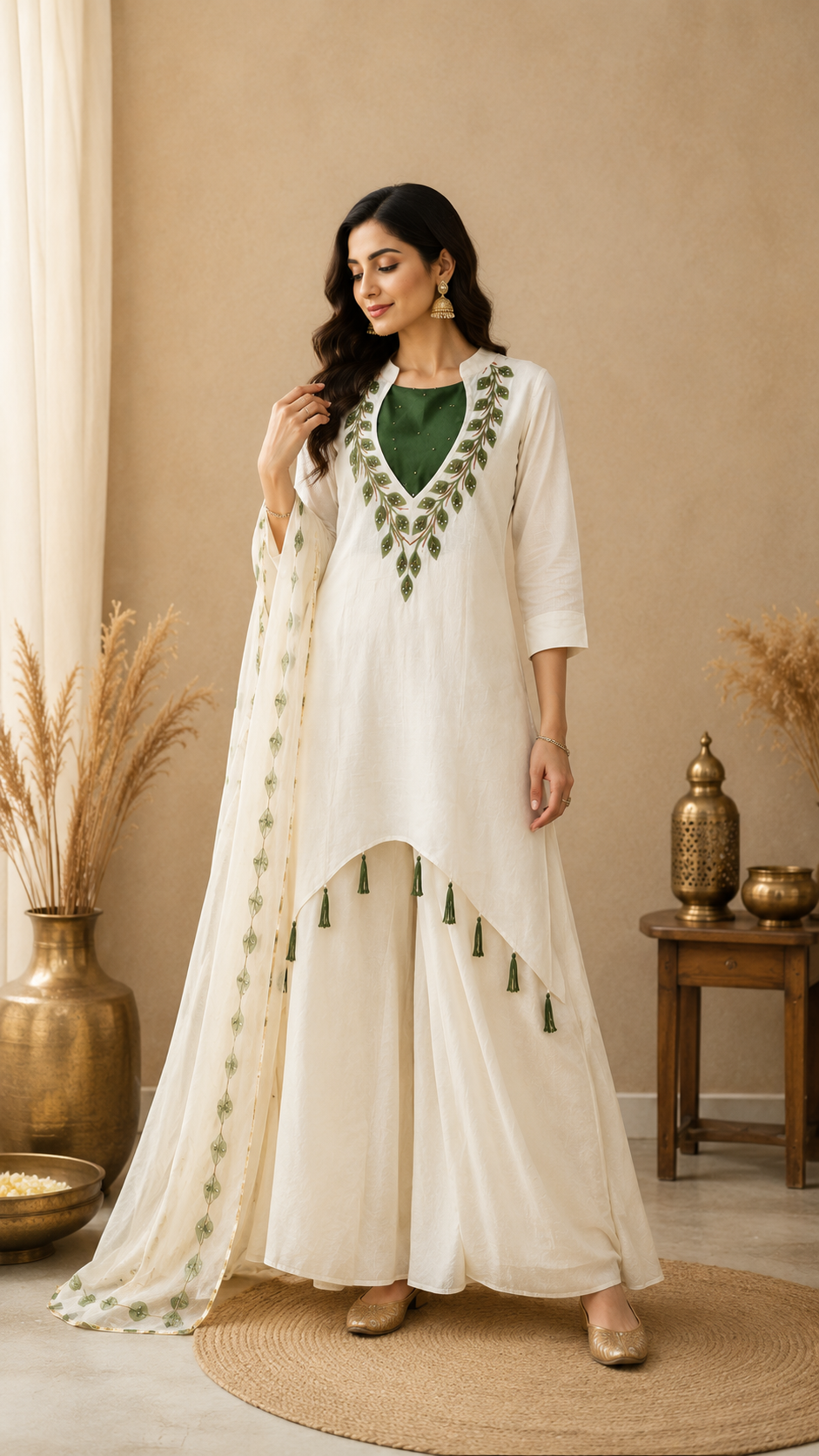 Ivory Leaf Embroidery Palazzo Set