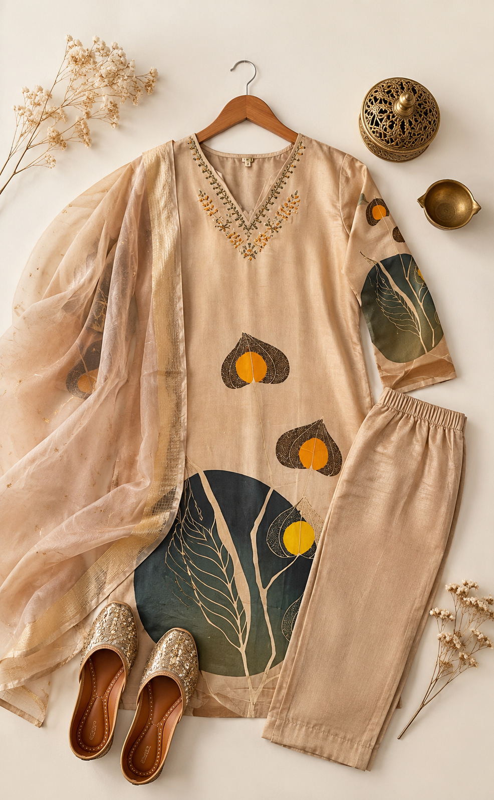 Beige Pichwai Leaf Print Kurti Set