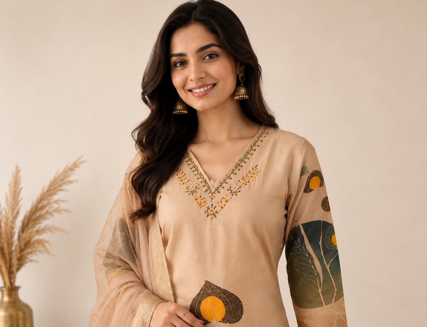 Beige Pichwai Leaf Print Kurti Set