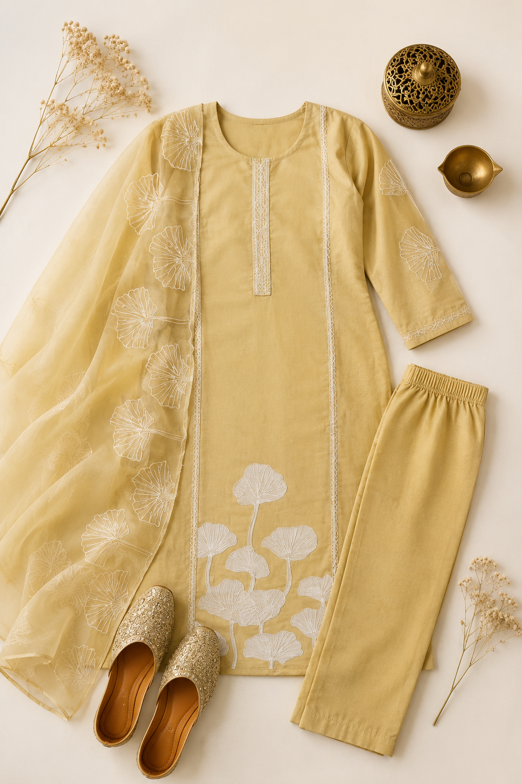 Pastel Yellow Ginkgo Embroidered Kurti Set