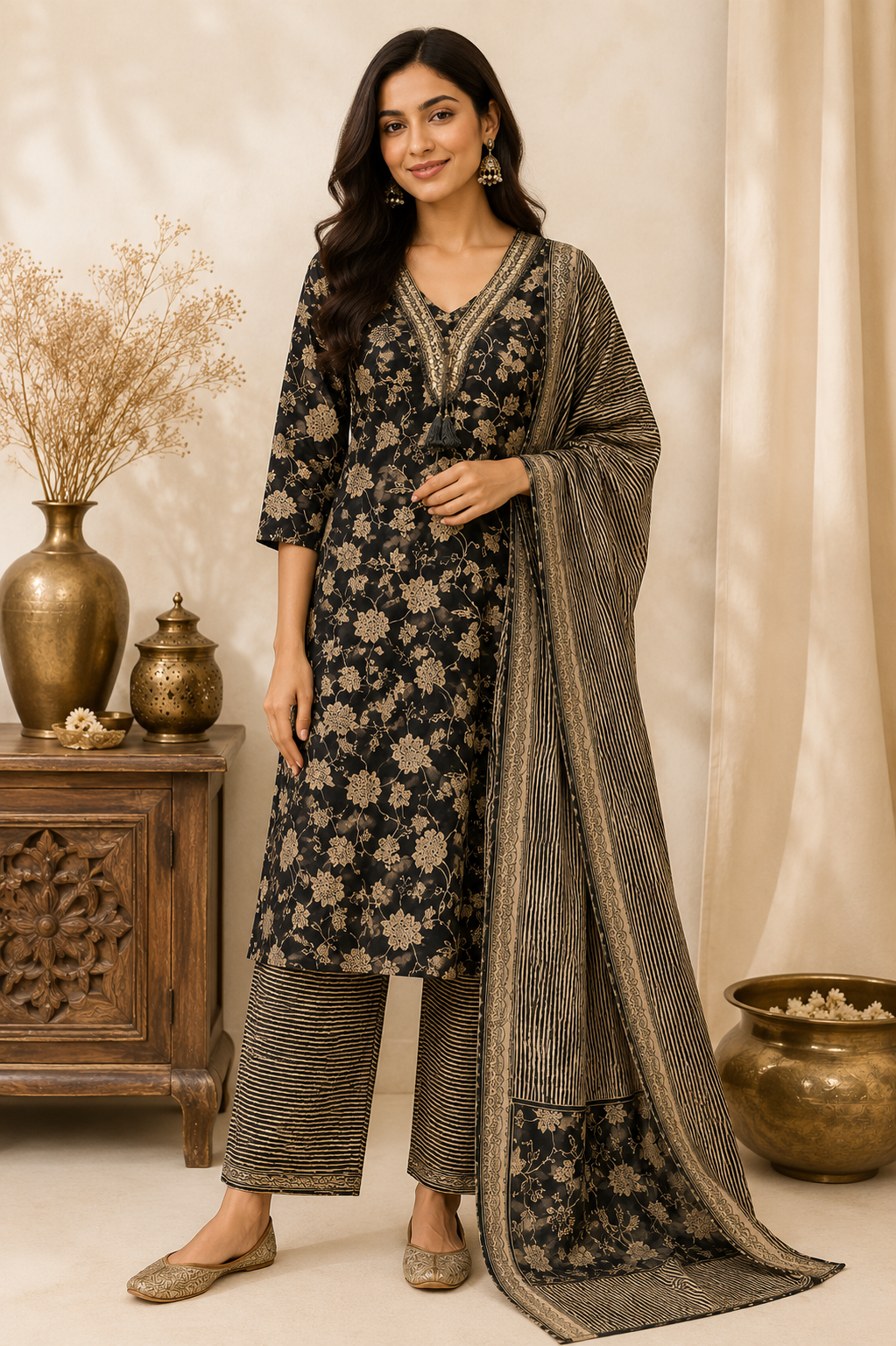 Black Gold Floral Jaal Kurti Set