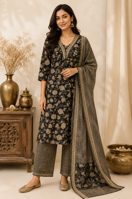 Black Gold Floral Jaal Kurti Set