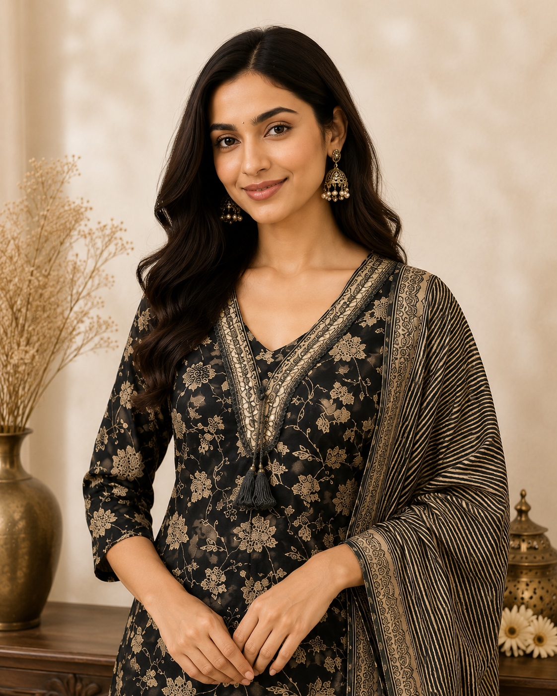 Black Gold Floral Jaal Kurti Set