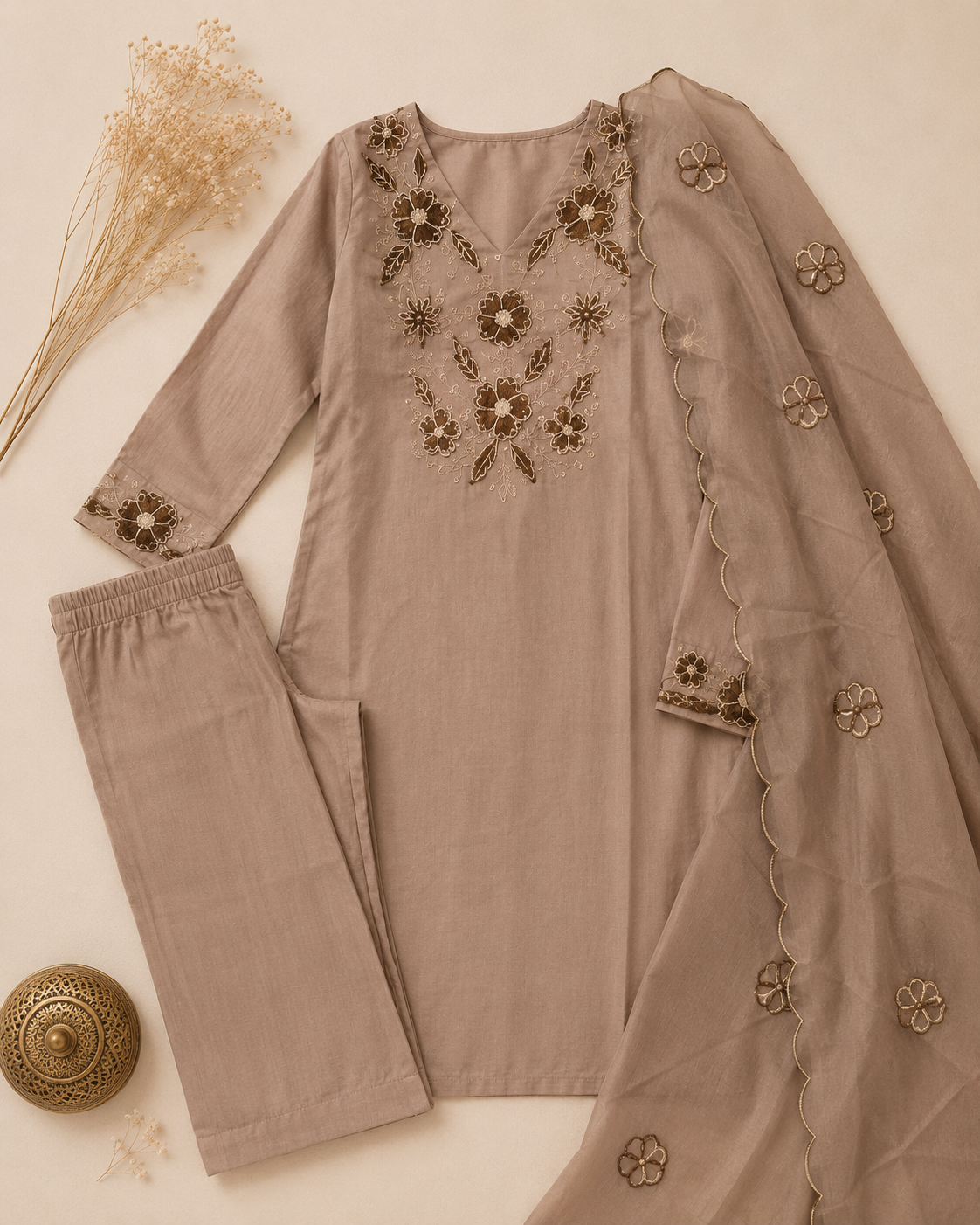 Taupe Floral Embroidered Kurti Set