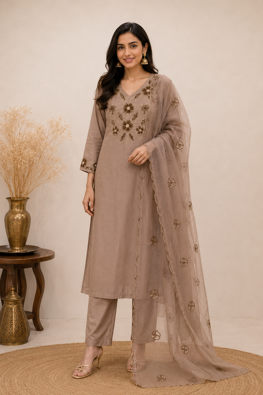 Taupe Floral Embroidered Kurti Set
