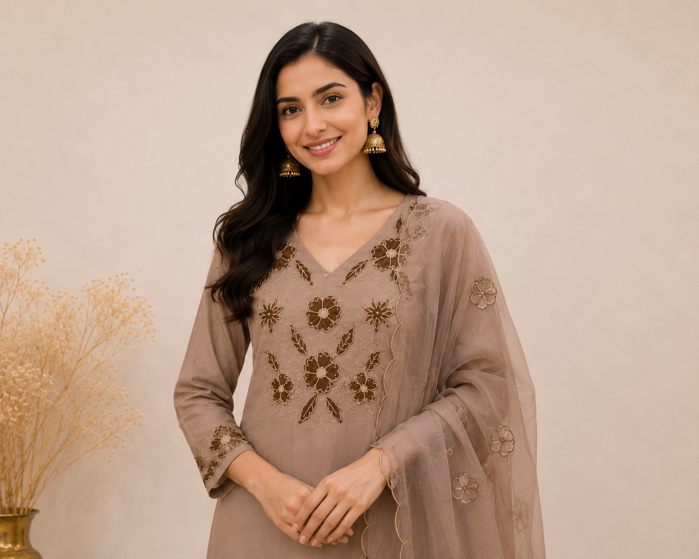 Taupe Floral Embroidered Kurti Set
