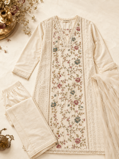 Ivory Floral Embroidered Kurti Set