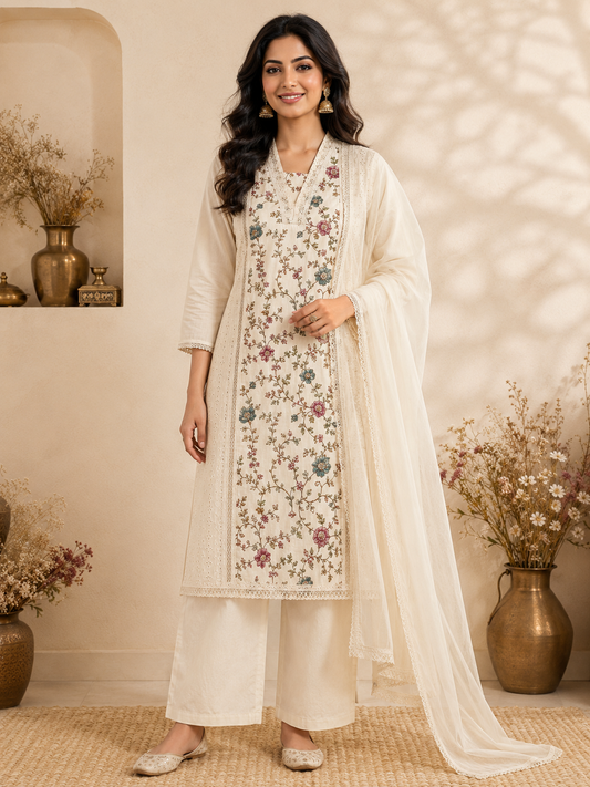 Ivory Floral Embroidered Kurti Set