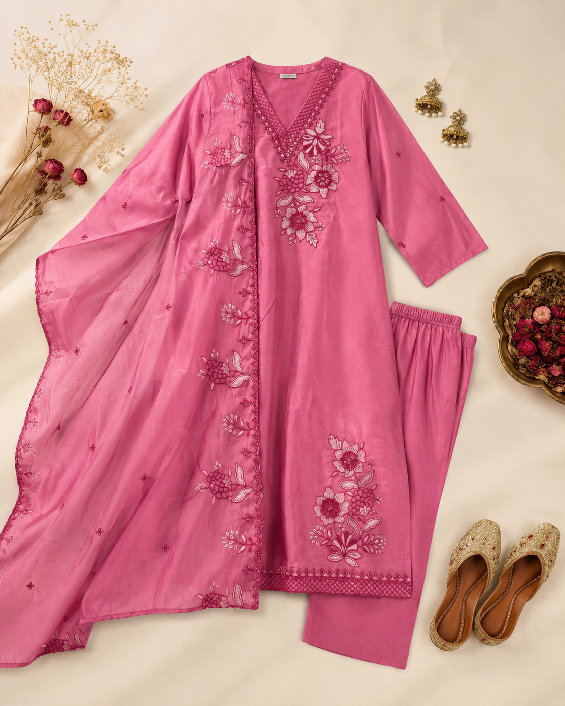 Peach Pink Floral Embroidered Kurti Set