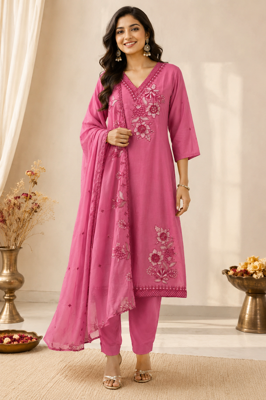 Peach Pink Floral Embroidered Kurti Set