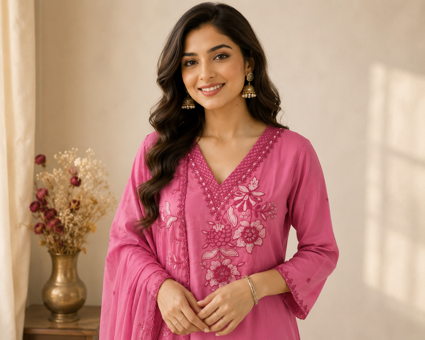 Peach Pink Floral Embroidered Kurti Set