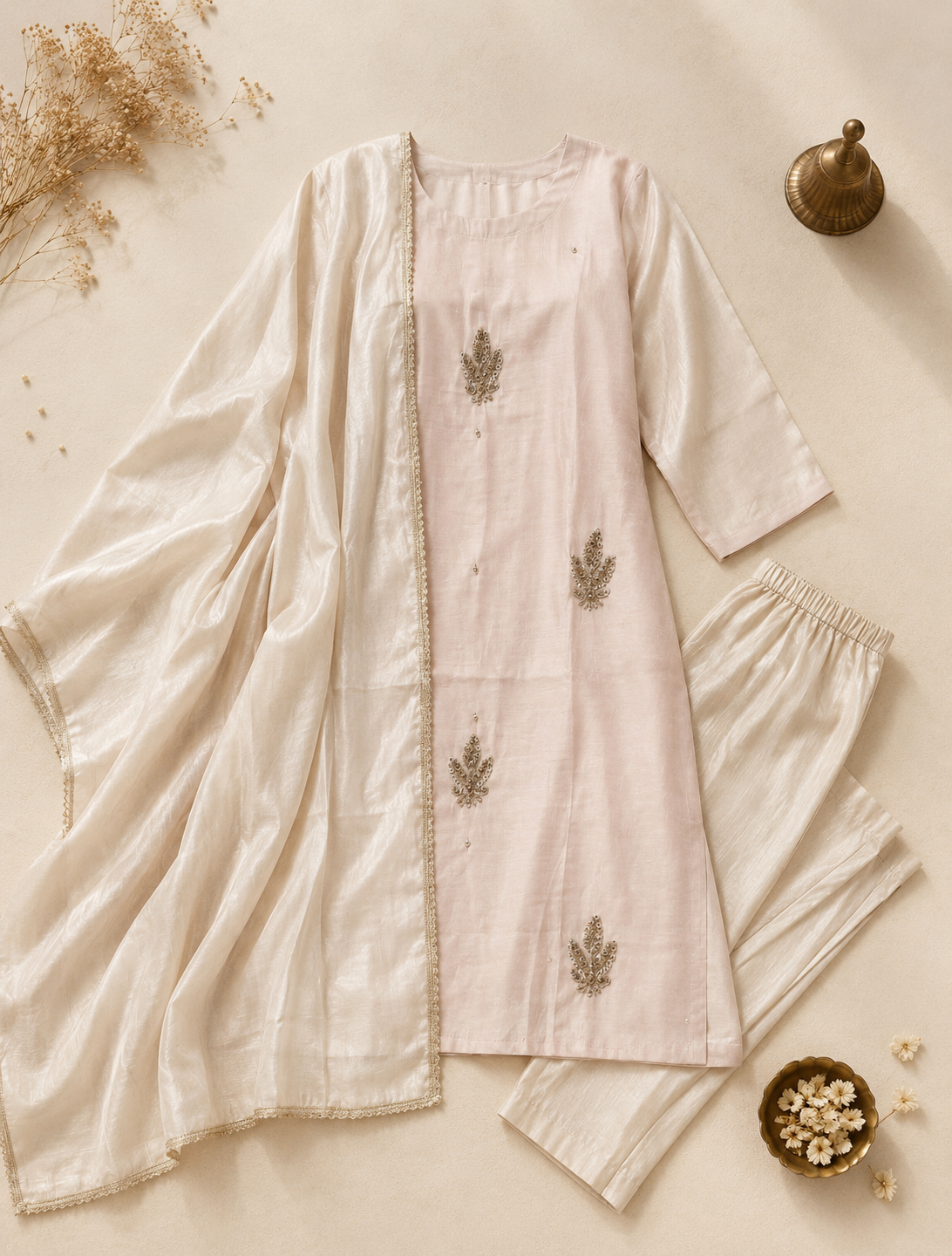 Beige Gold Zari Embroidered Kurti Set