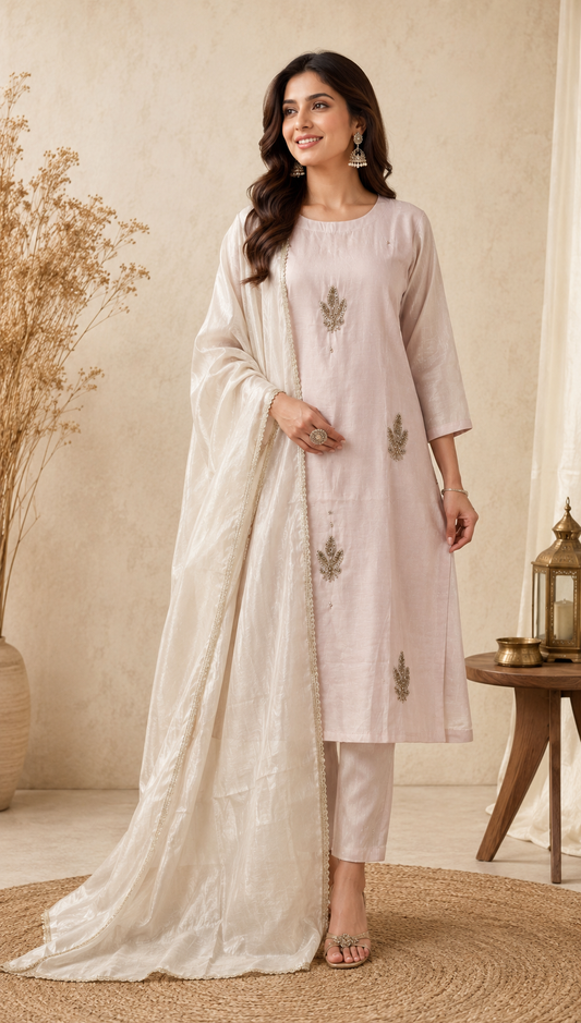 Beige Gold Zari Embroidered Kurti Set