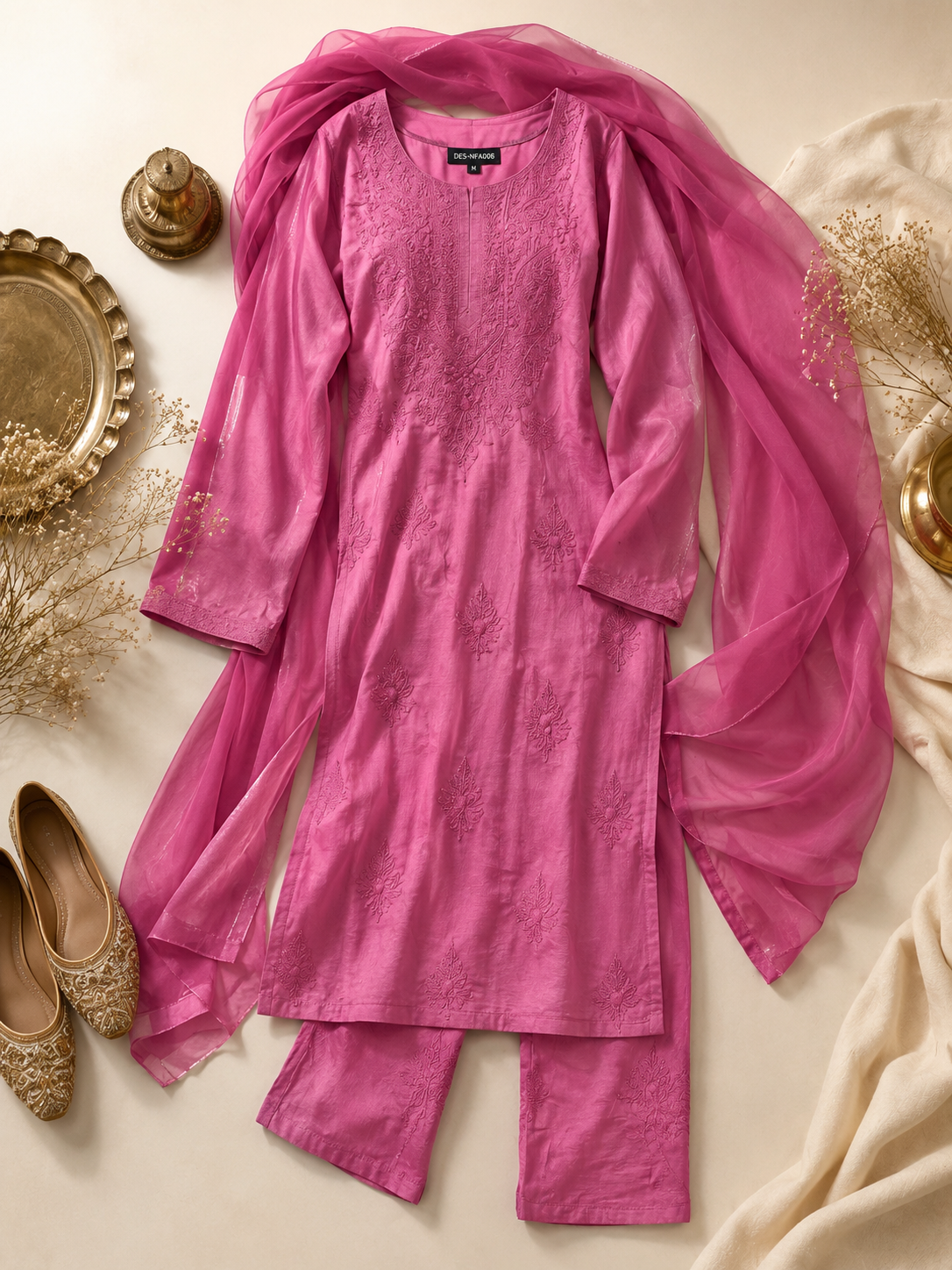 Hot Pink Chikankari Embroidered Kurti Set