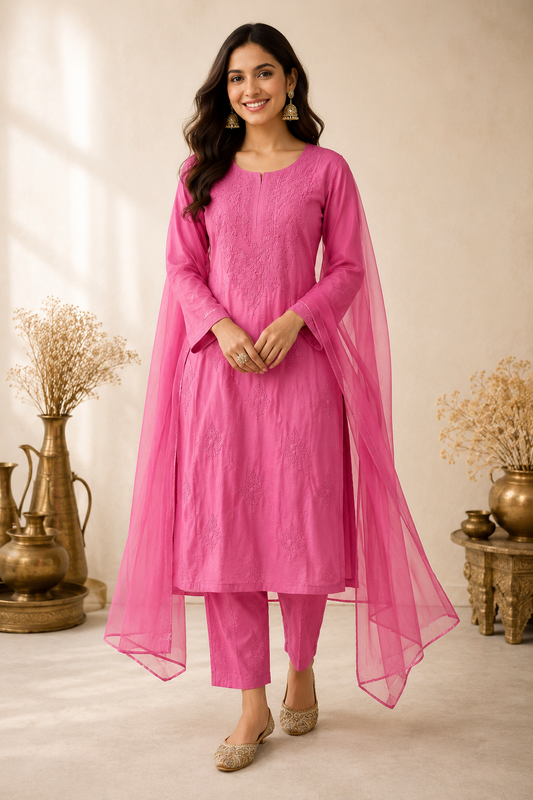 Hot Pink Chikankari Embroidered Kurti Set