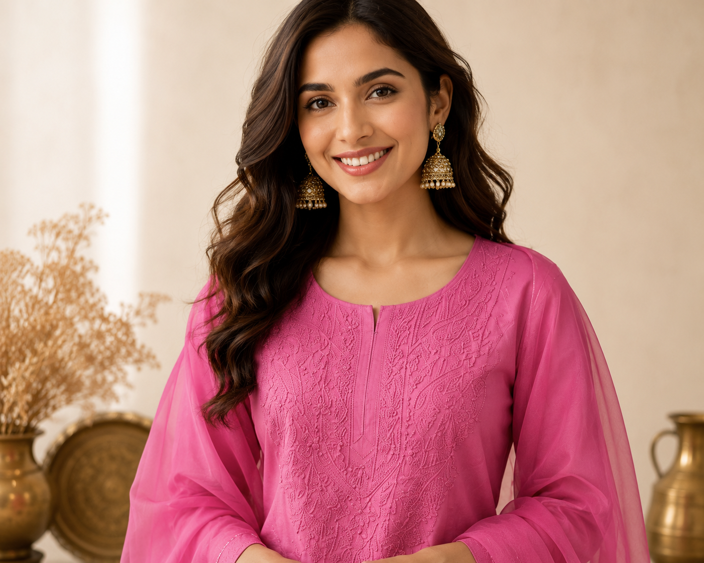 Hot Pink Chikankari Embroidered Kurti Set