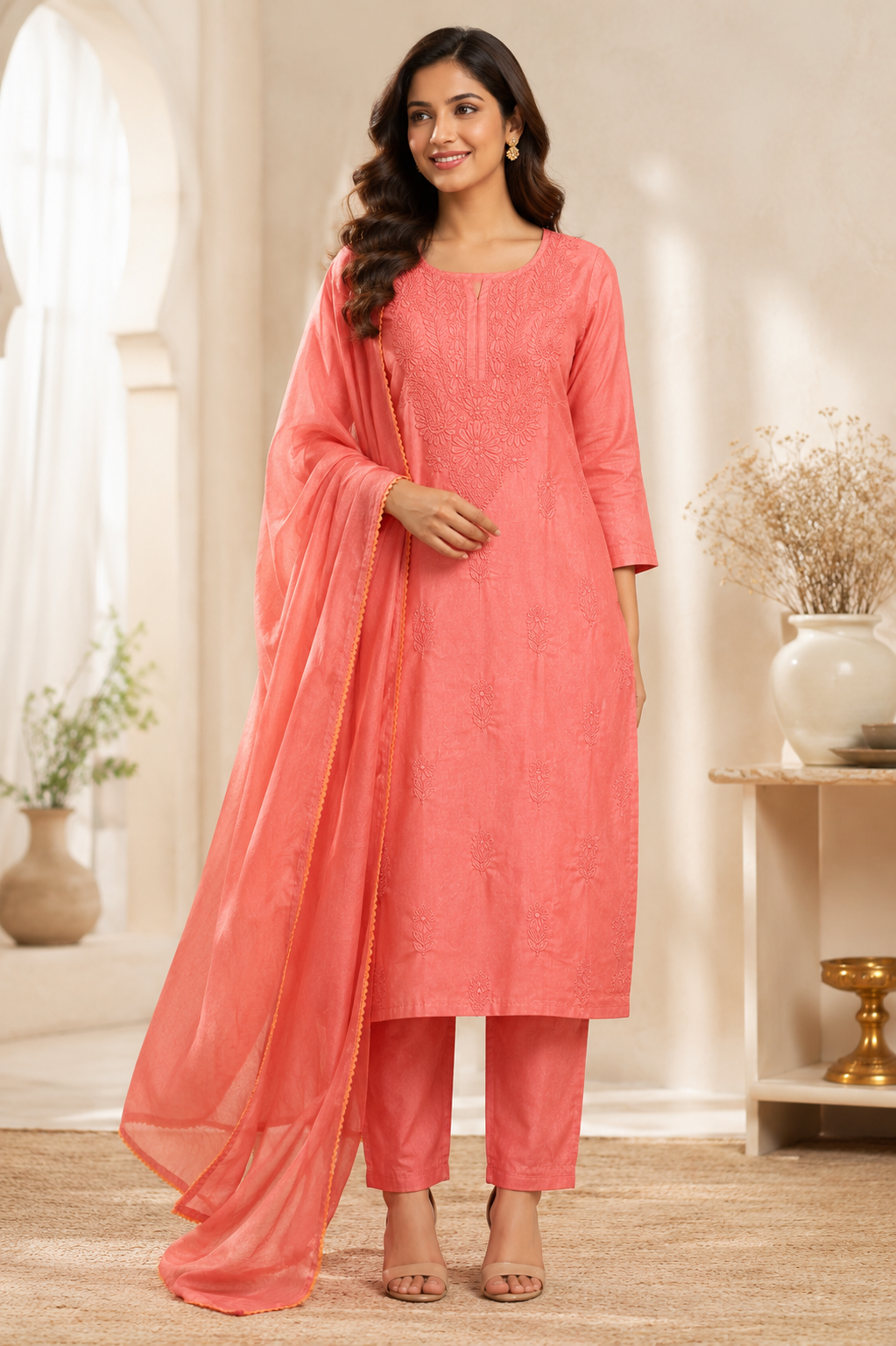 Coral Bloom Chikankari Kurta Set with Dupatta