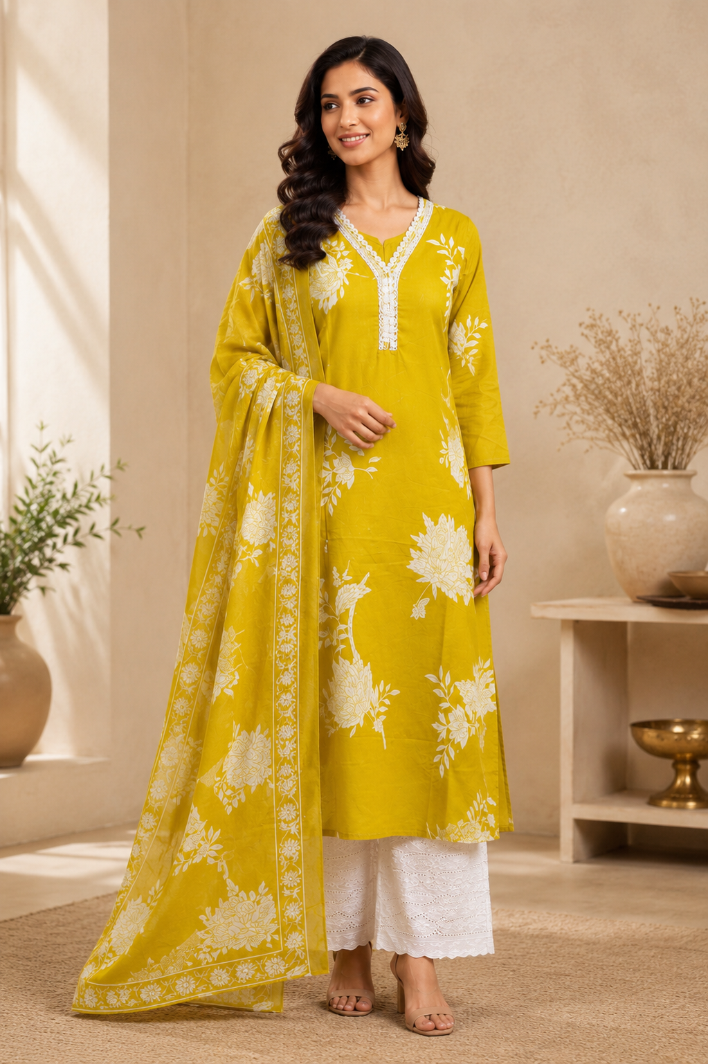 Mustard Yellow Floral Print Kurti Set