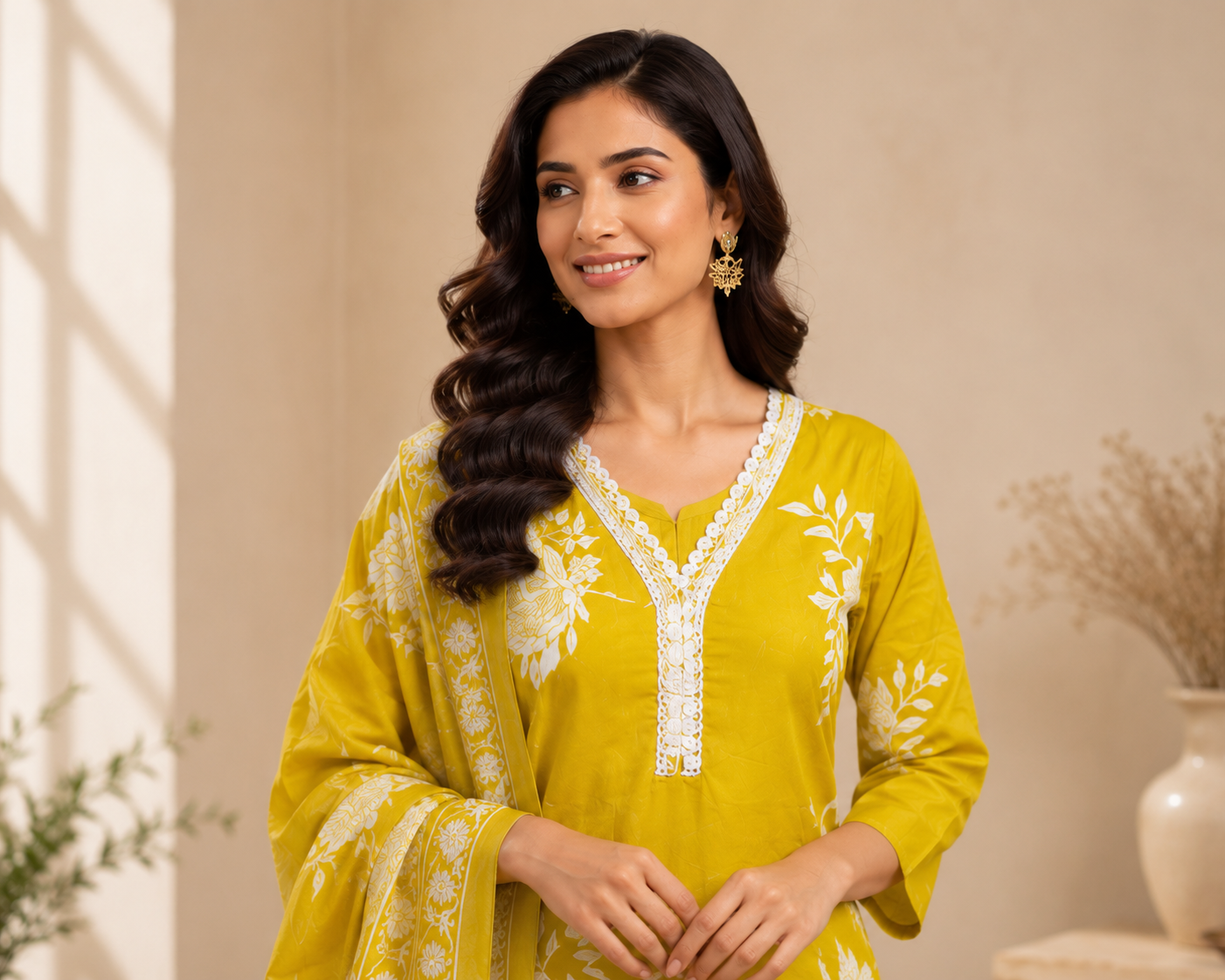Mustard Yellow Floral Print Kurti Set