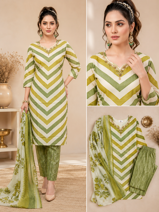 Sage Green Chevron Print Kurti Set