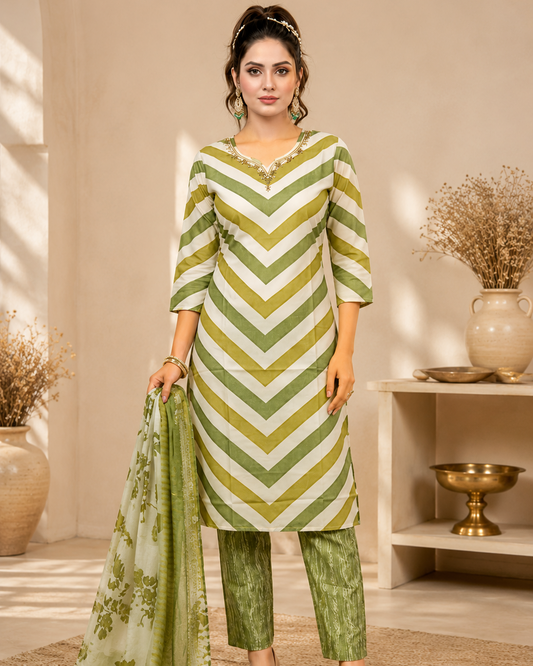 Sage Green Chevron Print Kurti Set