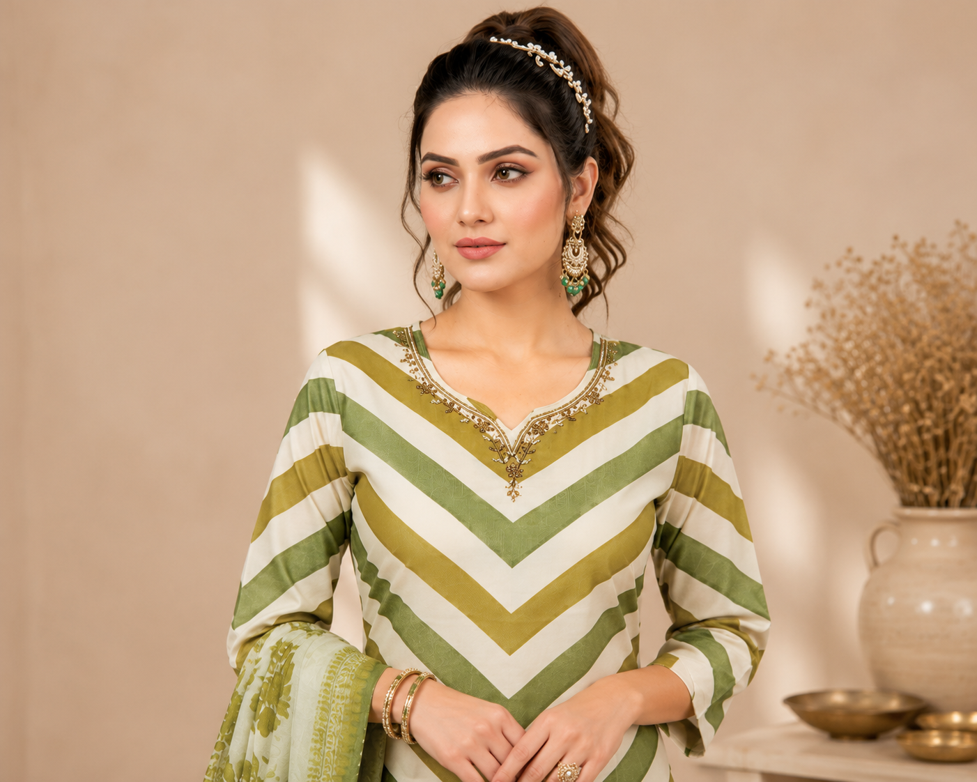 Sage Green Chevron Print Kurti Set