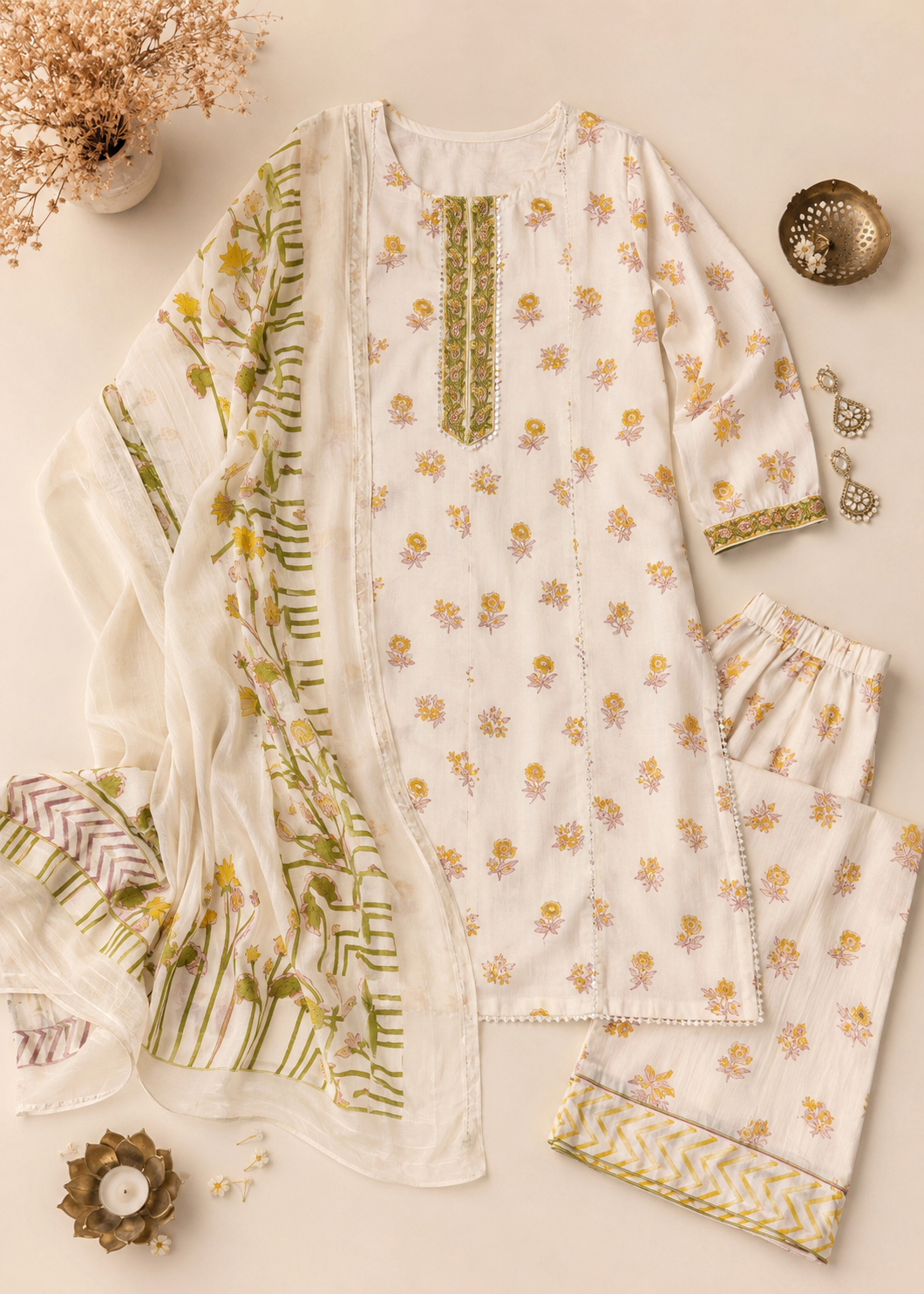 Ivory White with Mustard Yellow & Sage Green Floral Print Kurti Set