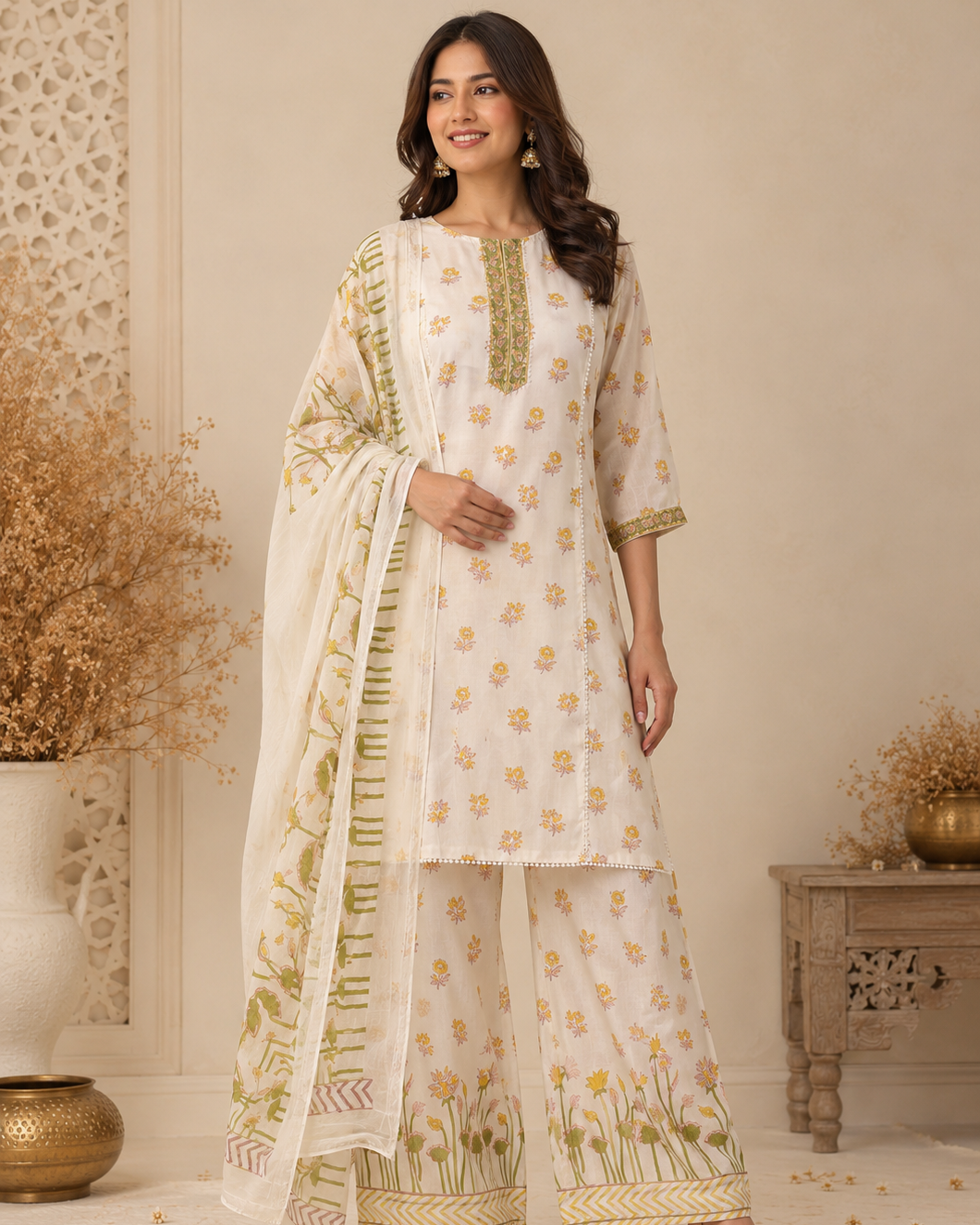 Ivory White with Mustard Yellow & Sage Green Floral Print Kurti Set
