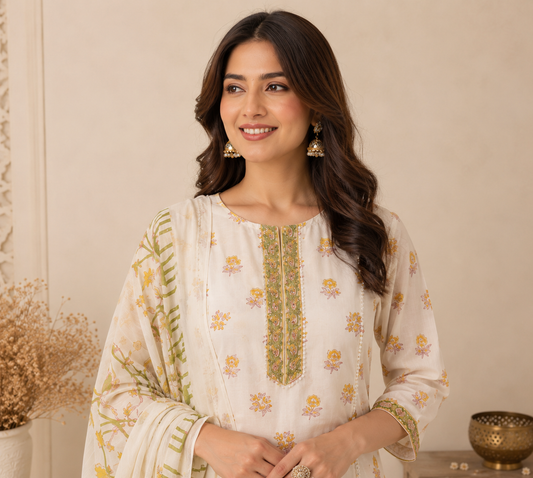 Ivory White with Mustard Yellow & Sage Green Floral Print Kurti Set