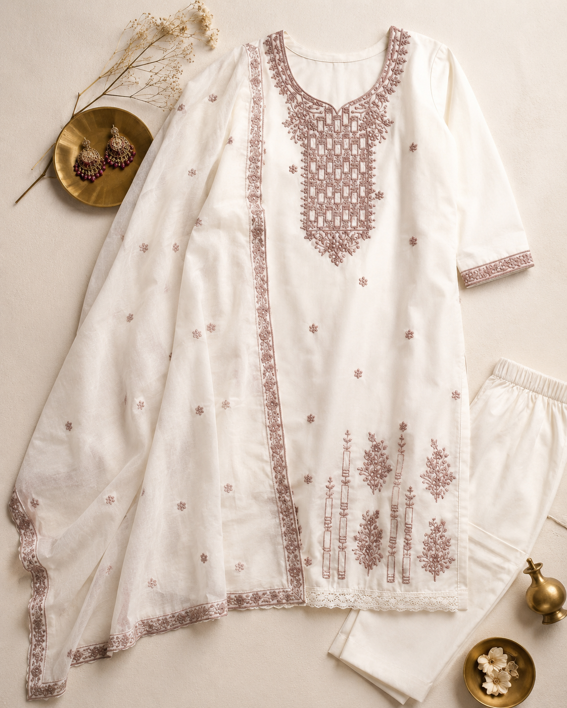 Off-White Mauve Geometric Embroidered Kurti Set