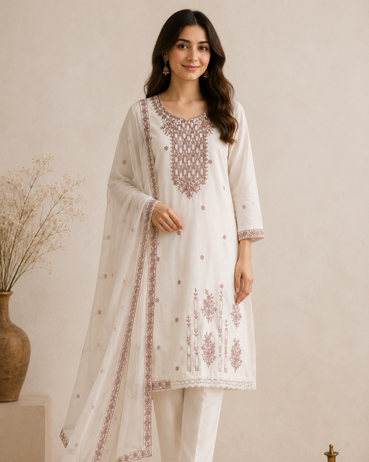 Off-White Mauve Geometric Embroidered Kurti Set