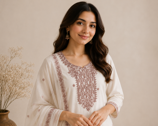 Off-White Mauve Geometric Embroidered Kurti Set