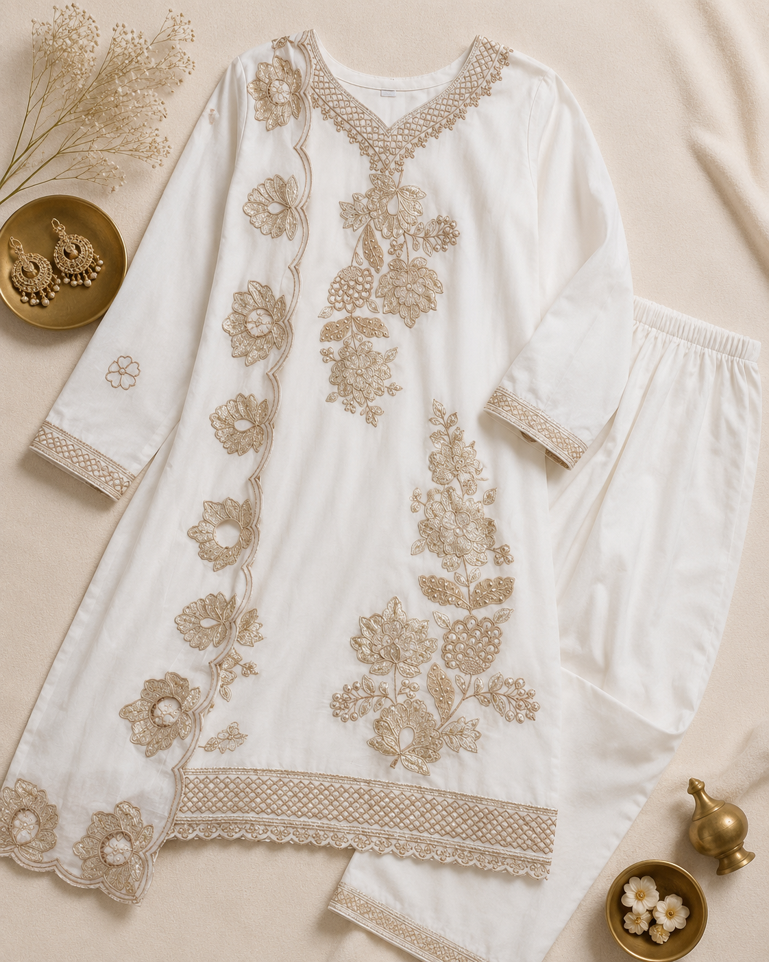 White Gold Zari Embroidered Kurti Set
