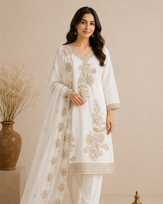 White Gold Zari Embroidered Kurti Set