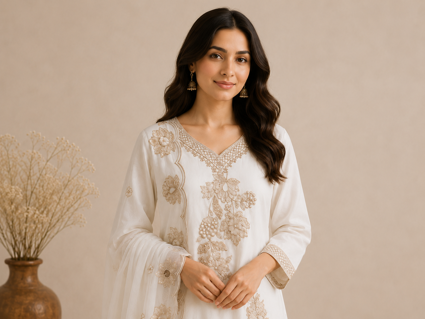White Gold Zari Embroidered Kurti Set